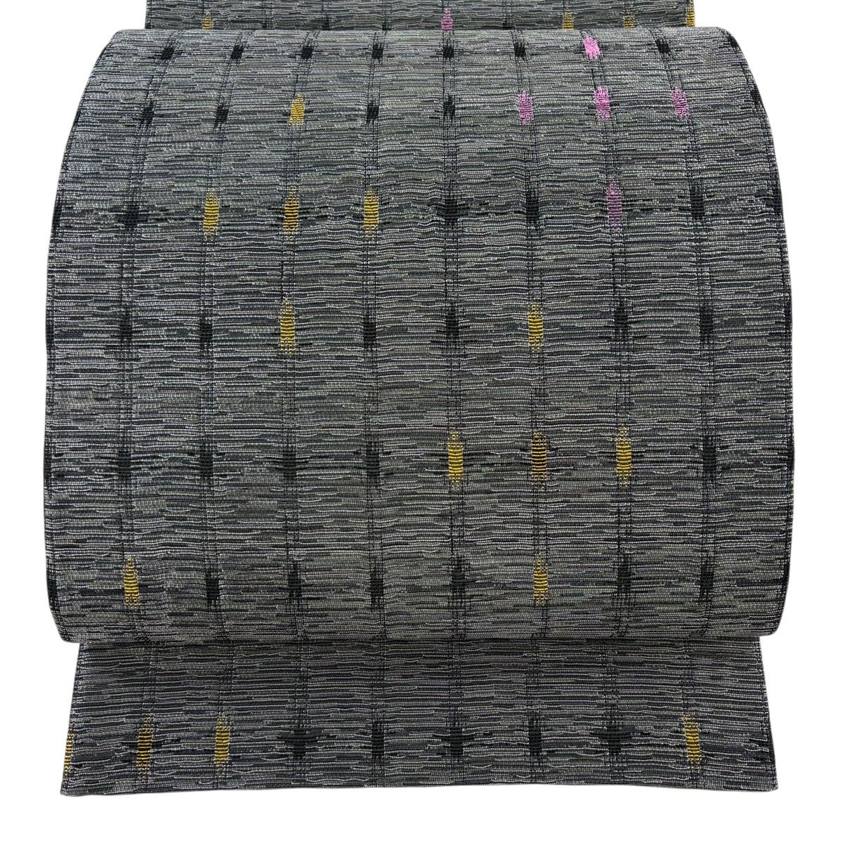 美品】 袋帯 名品 幾何学模様 波 青灰色 六通 正絹｜中古・古着