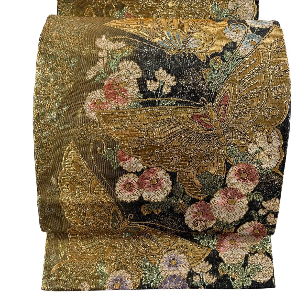 美品】 袋帯 秀品 花籠 蝶 金糸 刺繍 灰緑 六通 正絹｜中古・古着