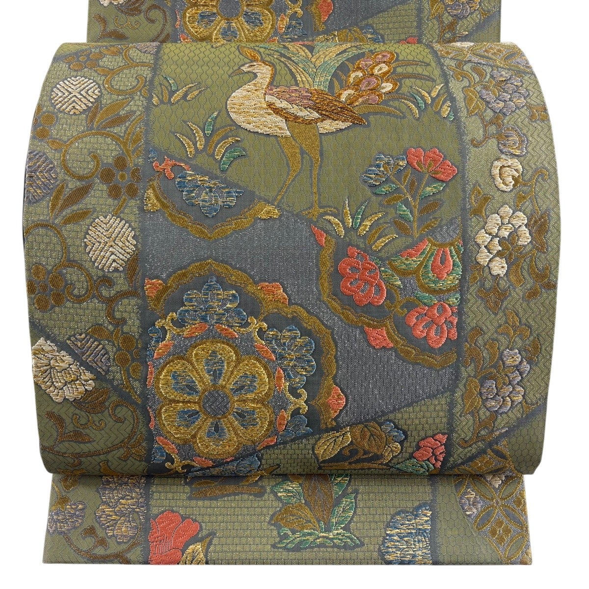 美品】 袋帯 秀品 向かい鳥 花唐草 金糸 箔 灰紫 六通 正絹｜中古