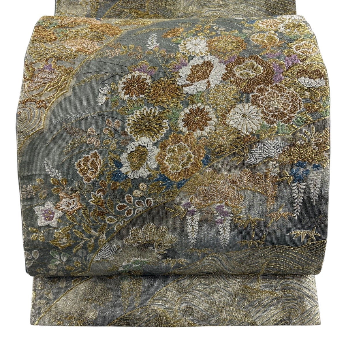 袋帯 秀品 菊 萩 金糸 箔 灰色 六通 正絹｜中古・古着・リサイクル着物