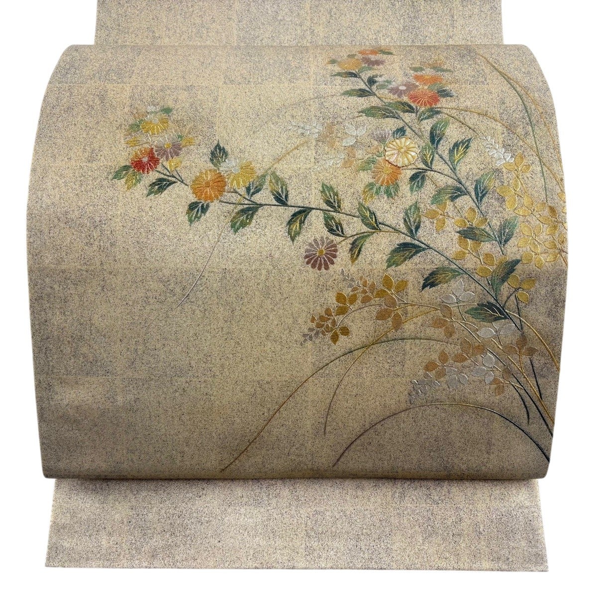 美品】 袋帯 名品 華文 有職文様 刺繍 金銀彩 鶯色 お太鼓柄 正絹