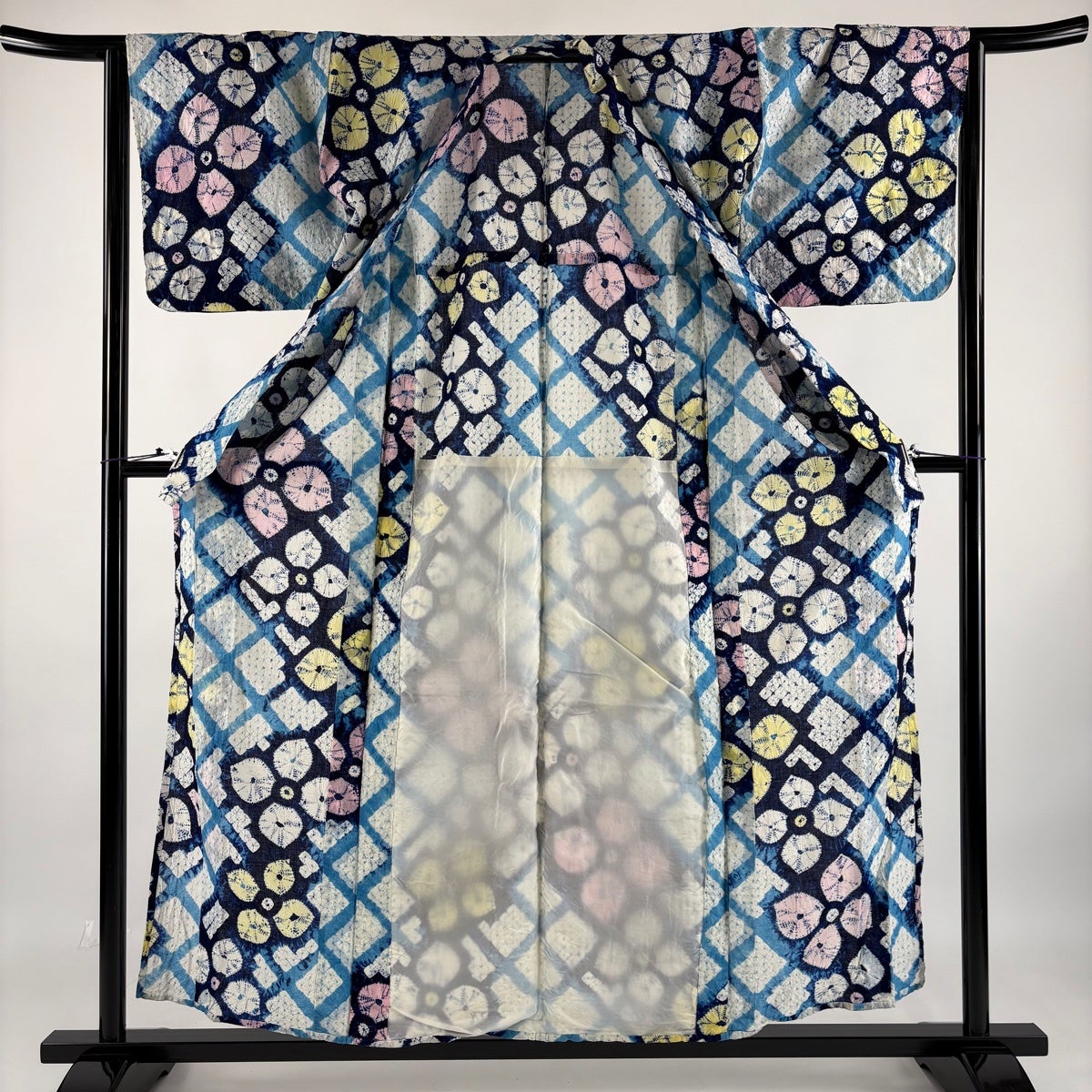 浴衣 身丈156cm 裄丈65.5cm M 絞り浴衣 花 青 綿 名品｜中古・古着