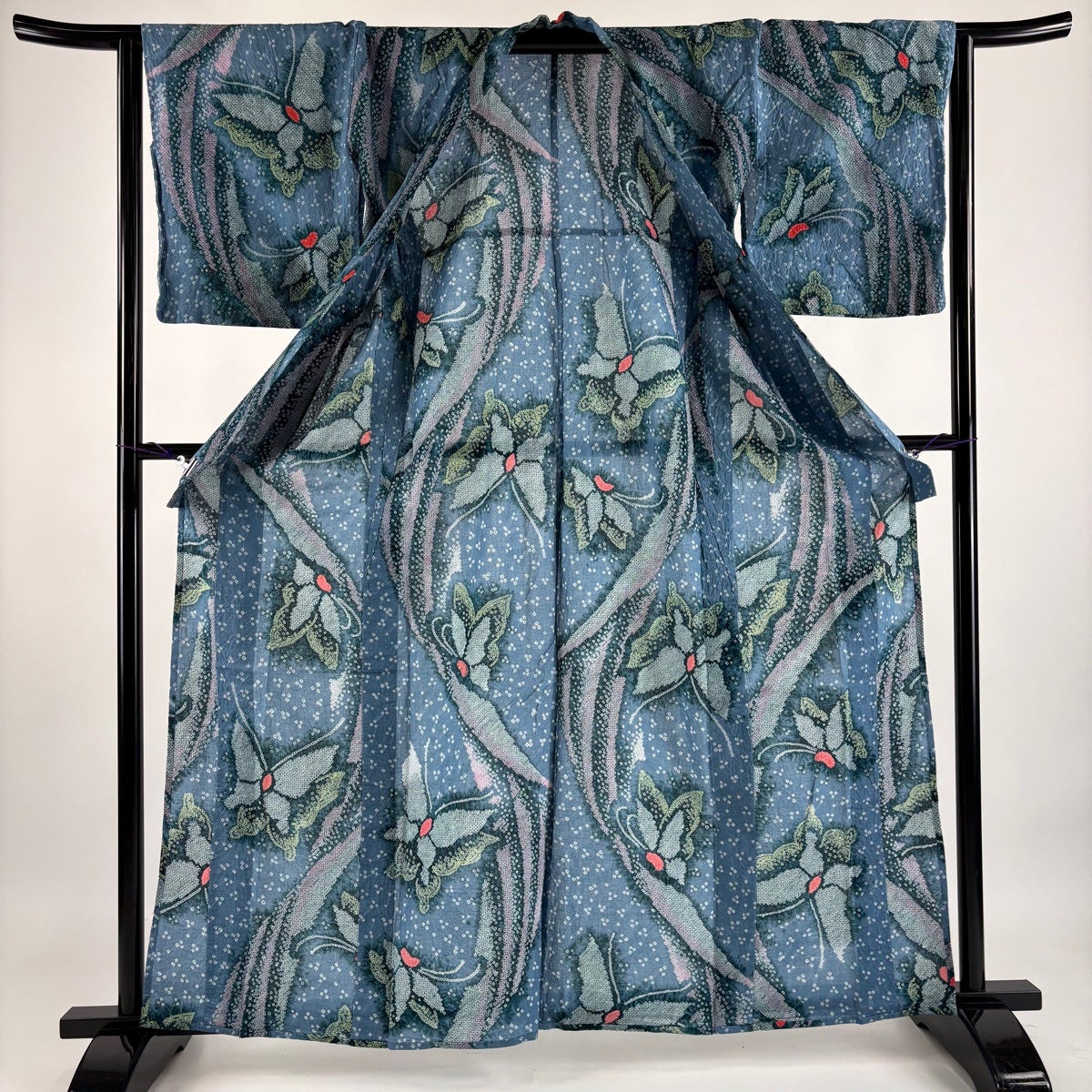 浴衣 身丈158.5cm 裄丈65cm M 絞り浴衣 蝶 幾何学模様 青灰色 綿 名品