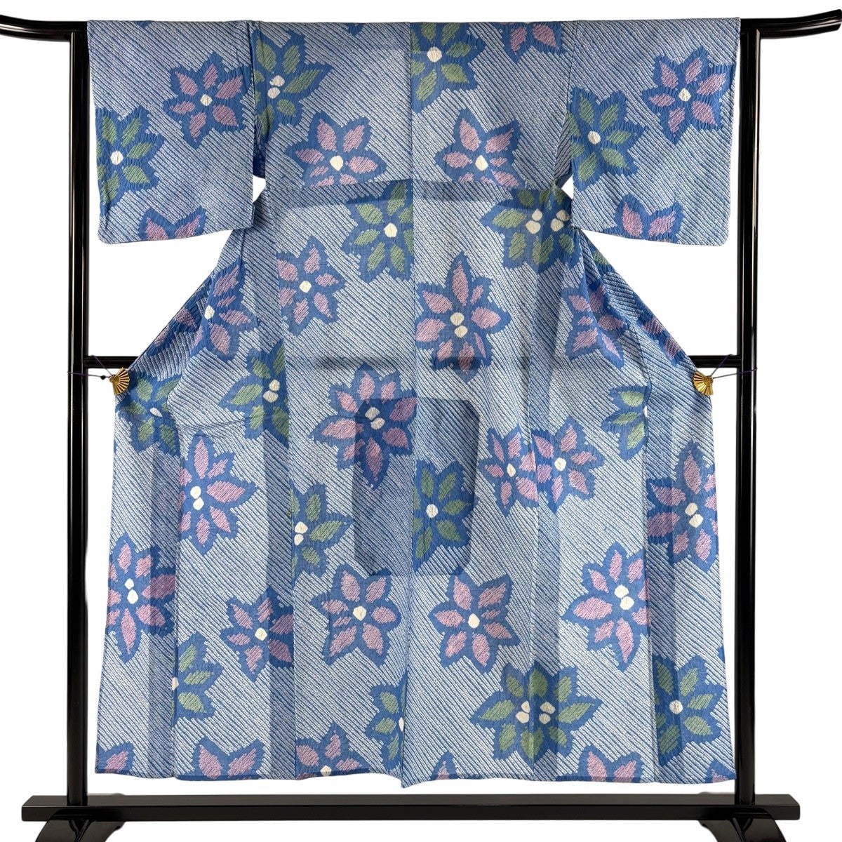 浴衣 身丈158cm 裄丈63cm S 絞り浴衣 草花 流水 藍色 綿 名品｜中古