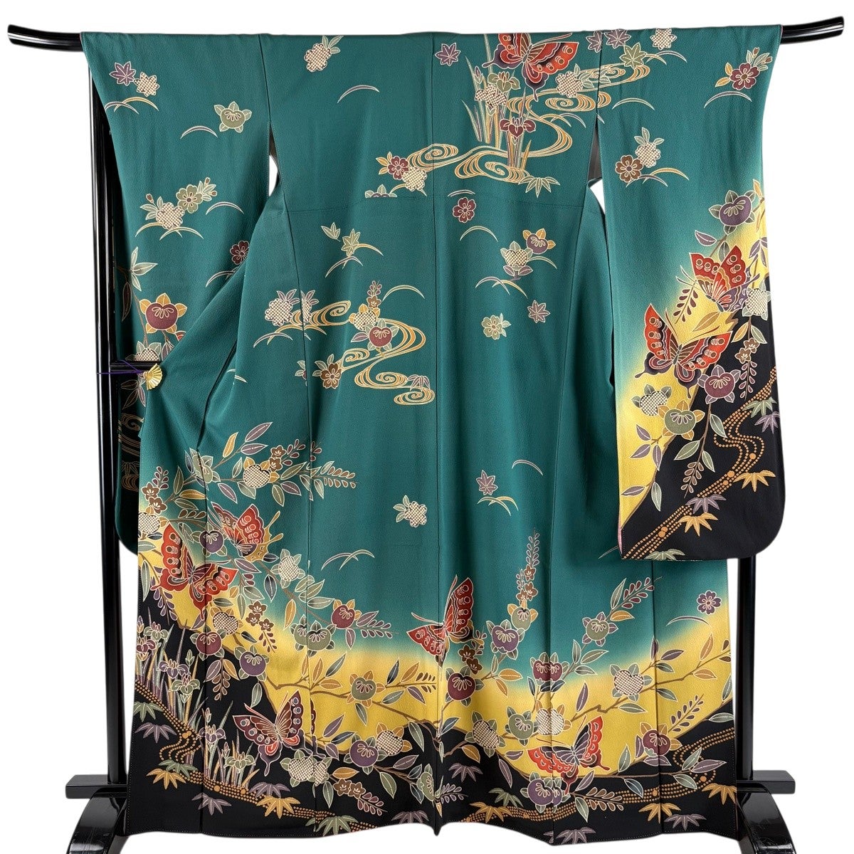 振袖 身丈166.5cm 裄丈68.5cm L 袷 蝶 橘 染め分け ぼかし 緑 正絹