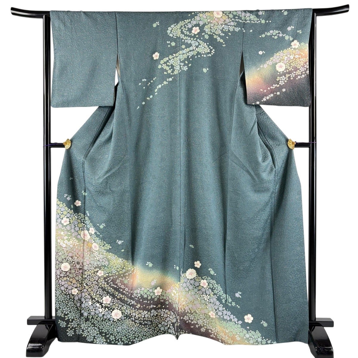 正絹 夏の小紋 桜楓文様 パステルグリーン　裄丈66.5 美品 訪問着 身丈166.5cm 裄丈63.5cm S 袷 桜 草花 金通し ぼかし 緑 正絹