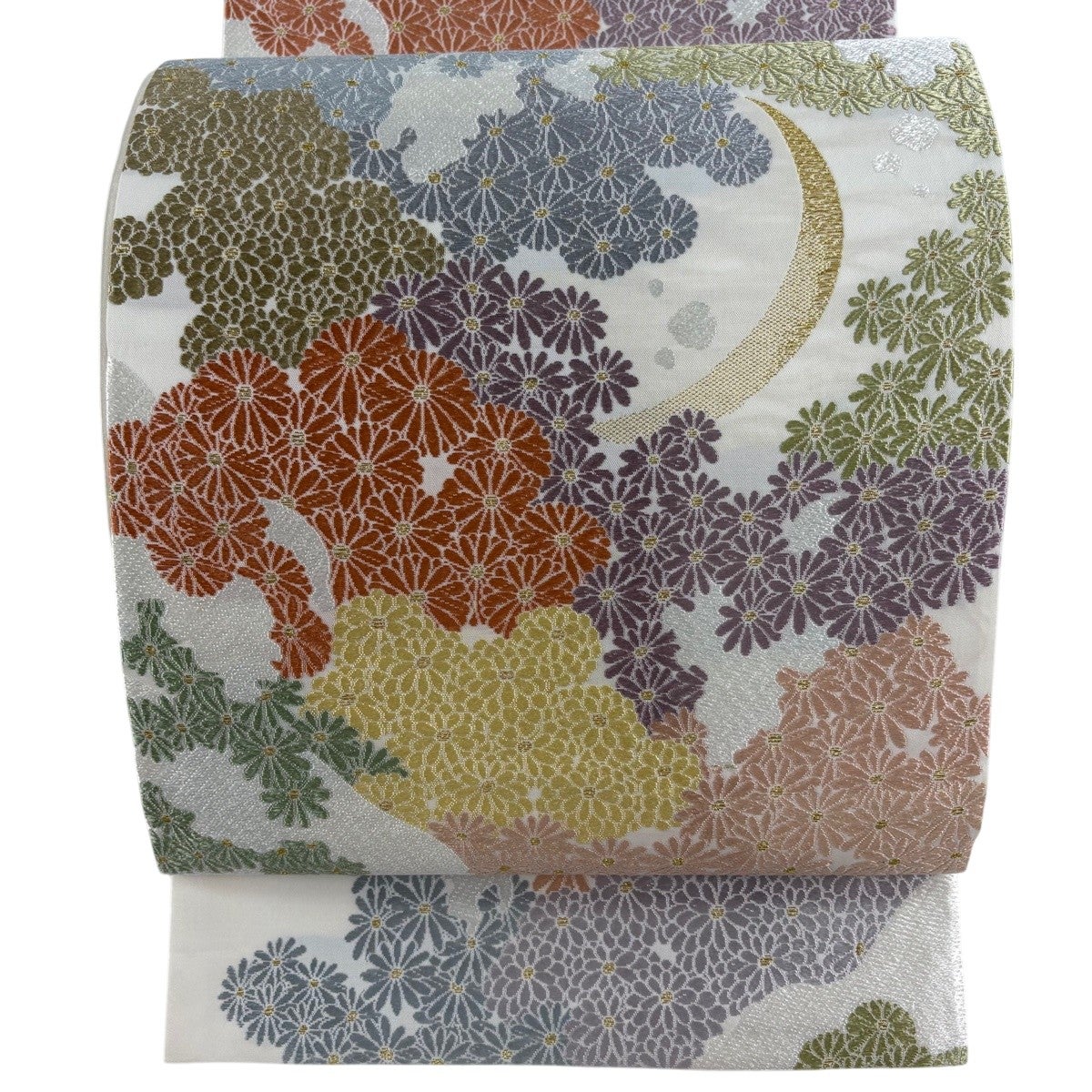 美品】 袋帯 名品 菊 三日月 金糸 唐織 灰白 六通 正絹｜中古・古着