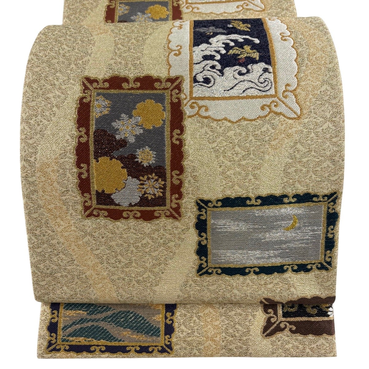 袋帯 名品 兆寿尽くし 鳥 金銀糸 箔 ベージュ 六通 正絹｜中古・古着