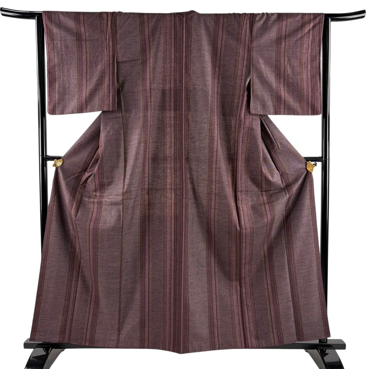 美品】 紬 身丈162cm 裄丈64cm M 単衣 縦縞 紺色 正絹 名品｜中古