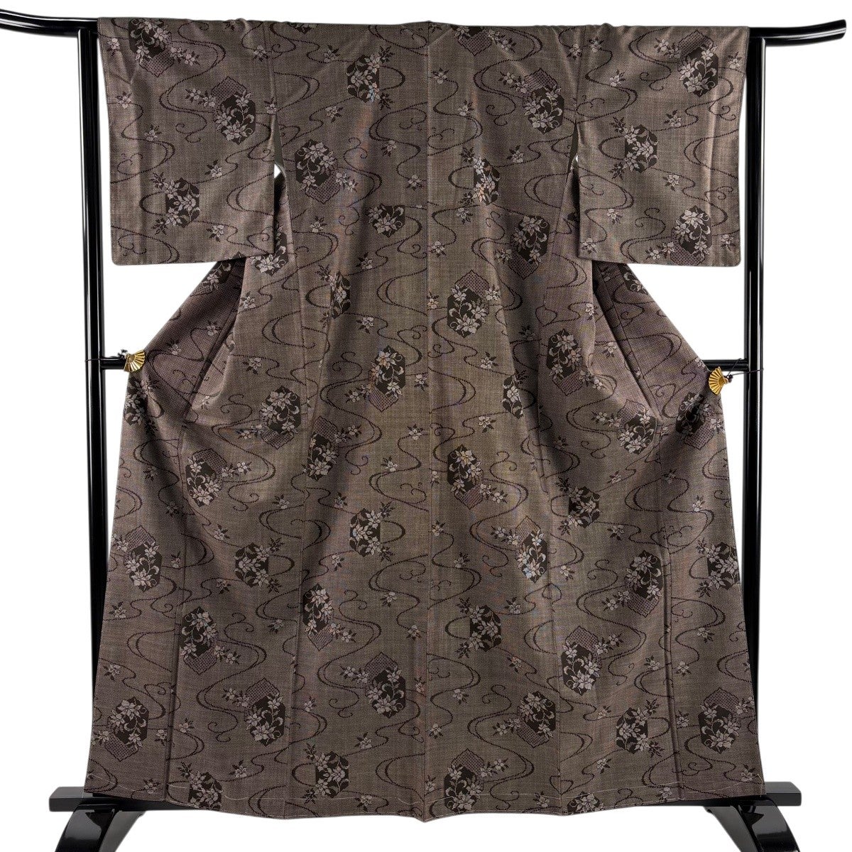 美品】 紬 身丈163cm 裄丈64.5cm M 袷 葉と実 縦縞 焦茶色 正絹 秀品