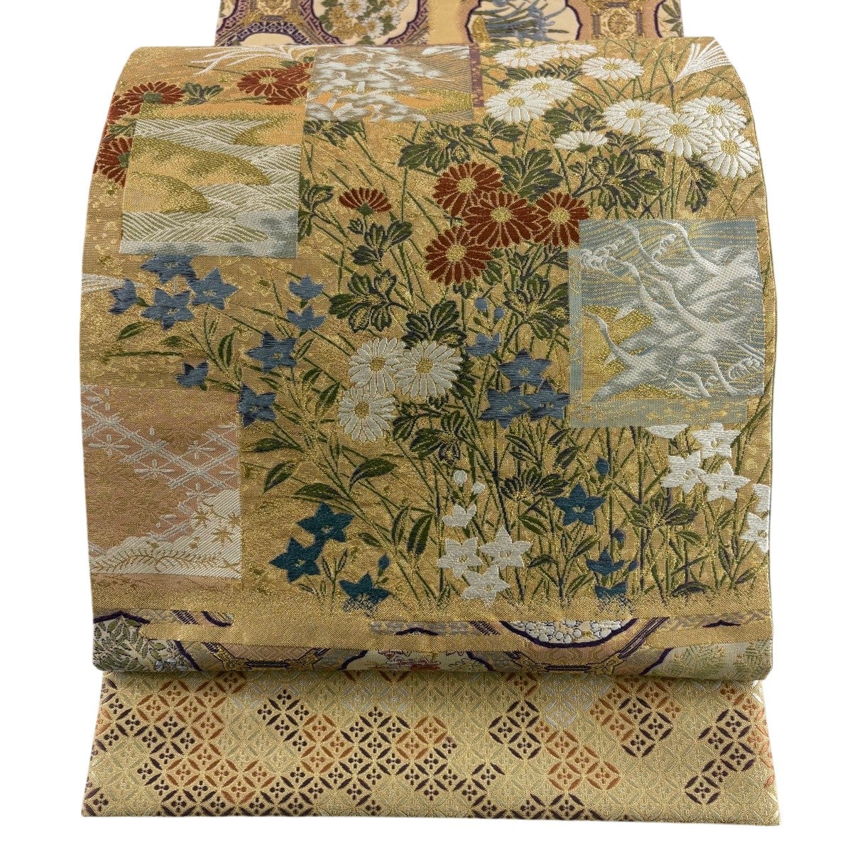 美品】 袋帯 名品 花鳥 縞 金銀糸 箔 灰色 六通 正絹｜中古・古着