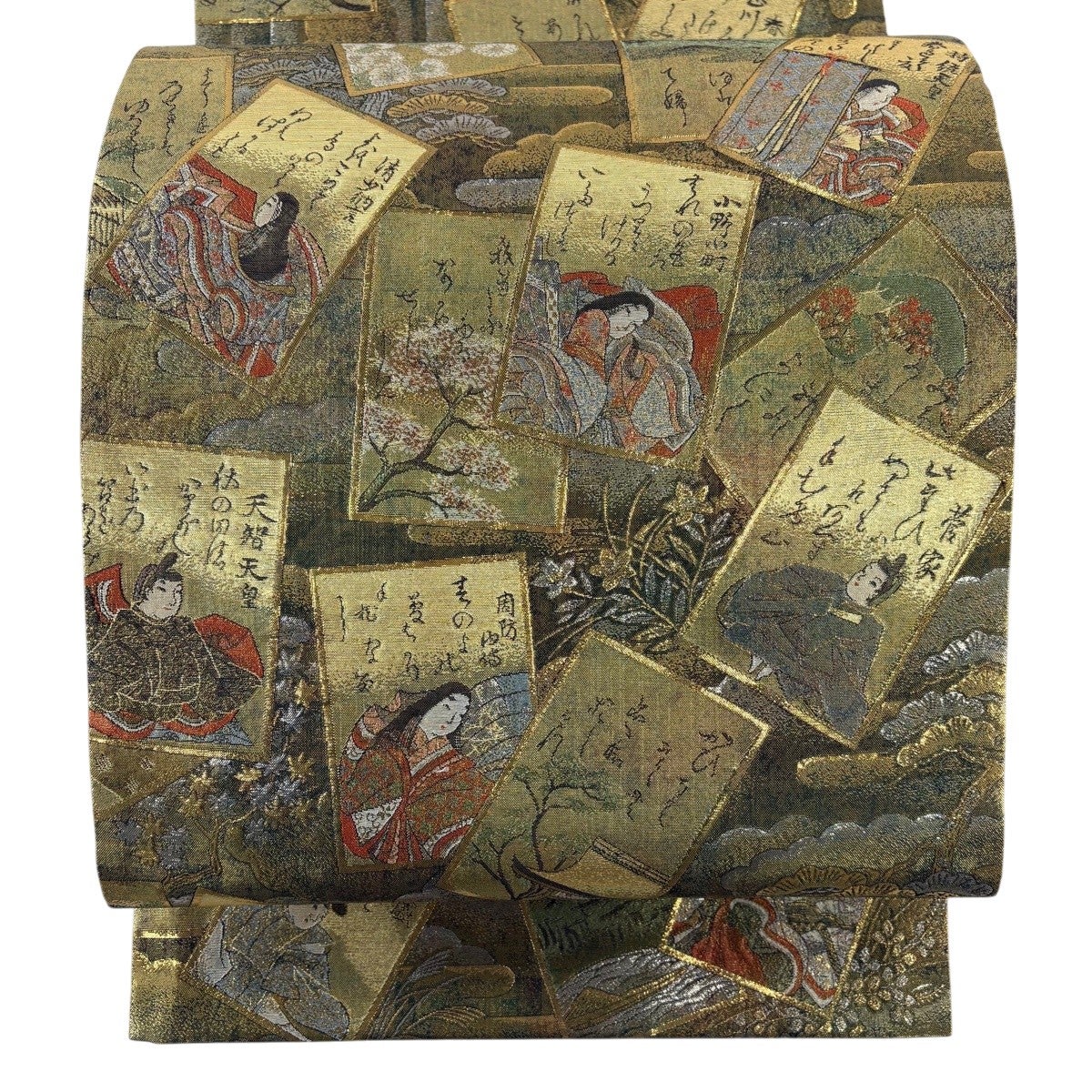 【超美品】　中国明綴　お太鼓柄　 袋帯 袋帯 正絹 綴れ お太鼓柄 薄ベージュ 金 向い鳥 菱 菊 長さ430cm 幅