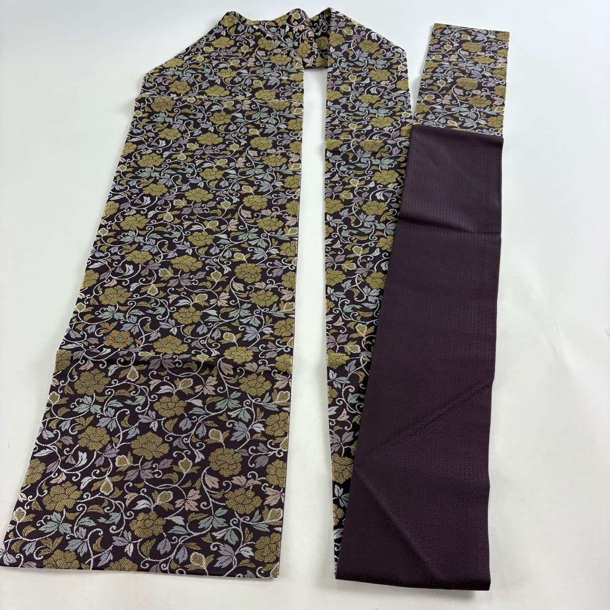美品】 名古屋帯 名品 花唐草 金糸 茶紫 正絹｜中古・古着・リサイクル