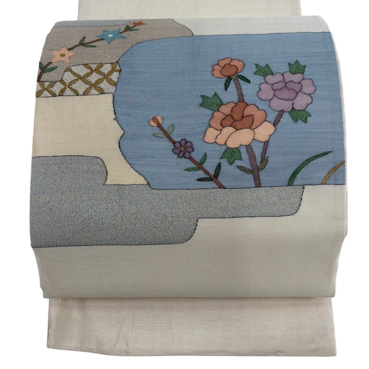袋帯 名品 紬地 草花 七宝 箔 ベージュ お太鼓柄 正絹｜中古・古着