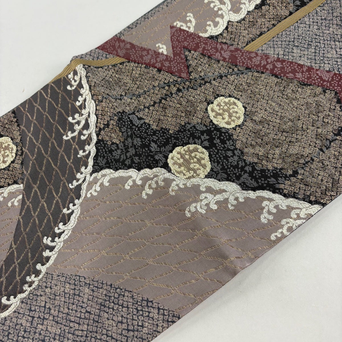 美品】 袋帯 名品 波頭 網目 箔 灰紫 六通 正絹｜中古・古着