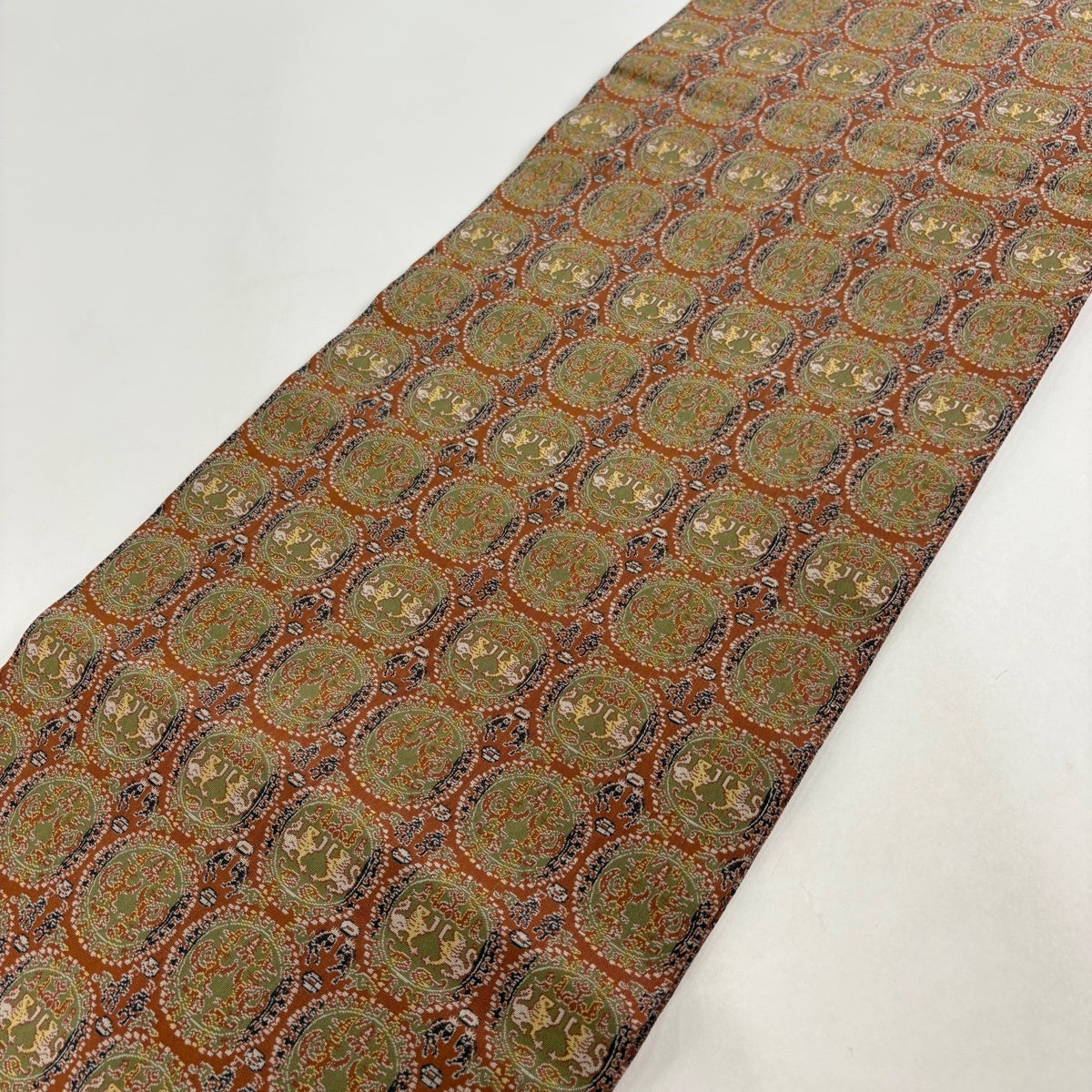 龍村美術織物　開き名古屋帯 美品 龍村美術織物 比翼仕立て正絹　円文白虎朱雀錦 美品】 開き名古屋帯 名品 龍村美術織物 比翼仕立て 丸文 動物 赤茶