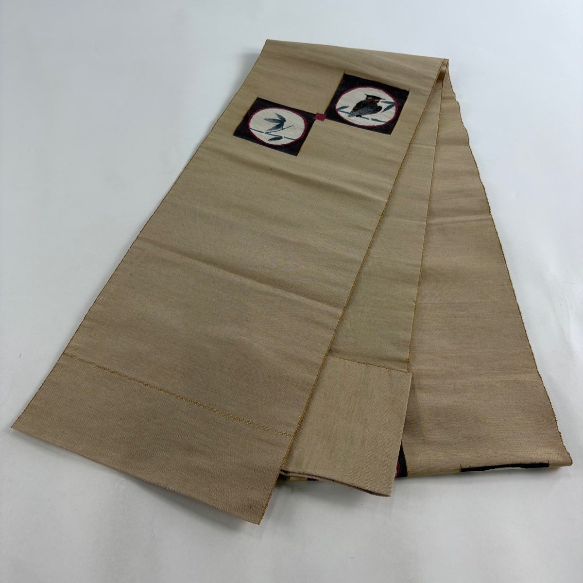 名古屋帯 名品 松葉仕立て 八寸名古屋帯 紬地 ミミヅク 笹 金彩