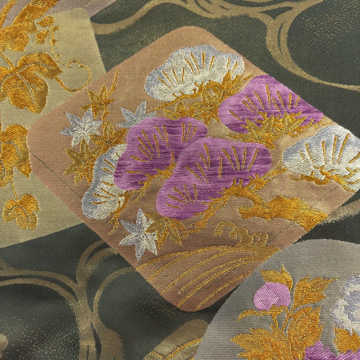 美品】 袋帯 名品 帝王紫 落款あり 松 梅 金銀糸 箔 茶緑色 六通 正絹