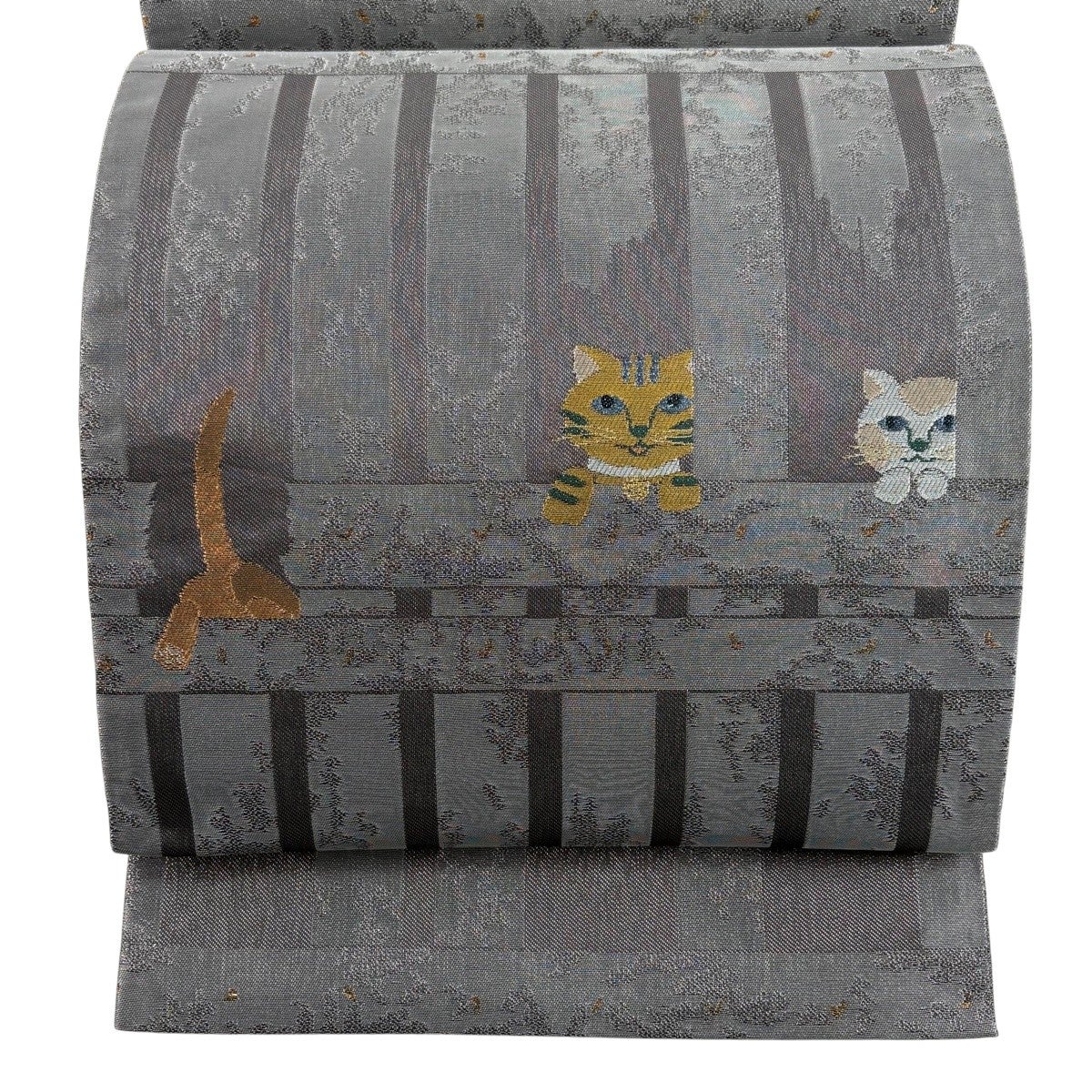 美品】 袋帯 逸品 猫 縞 金銀糸 灰色 お太鼓柄 正絹｜中古・古着