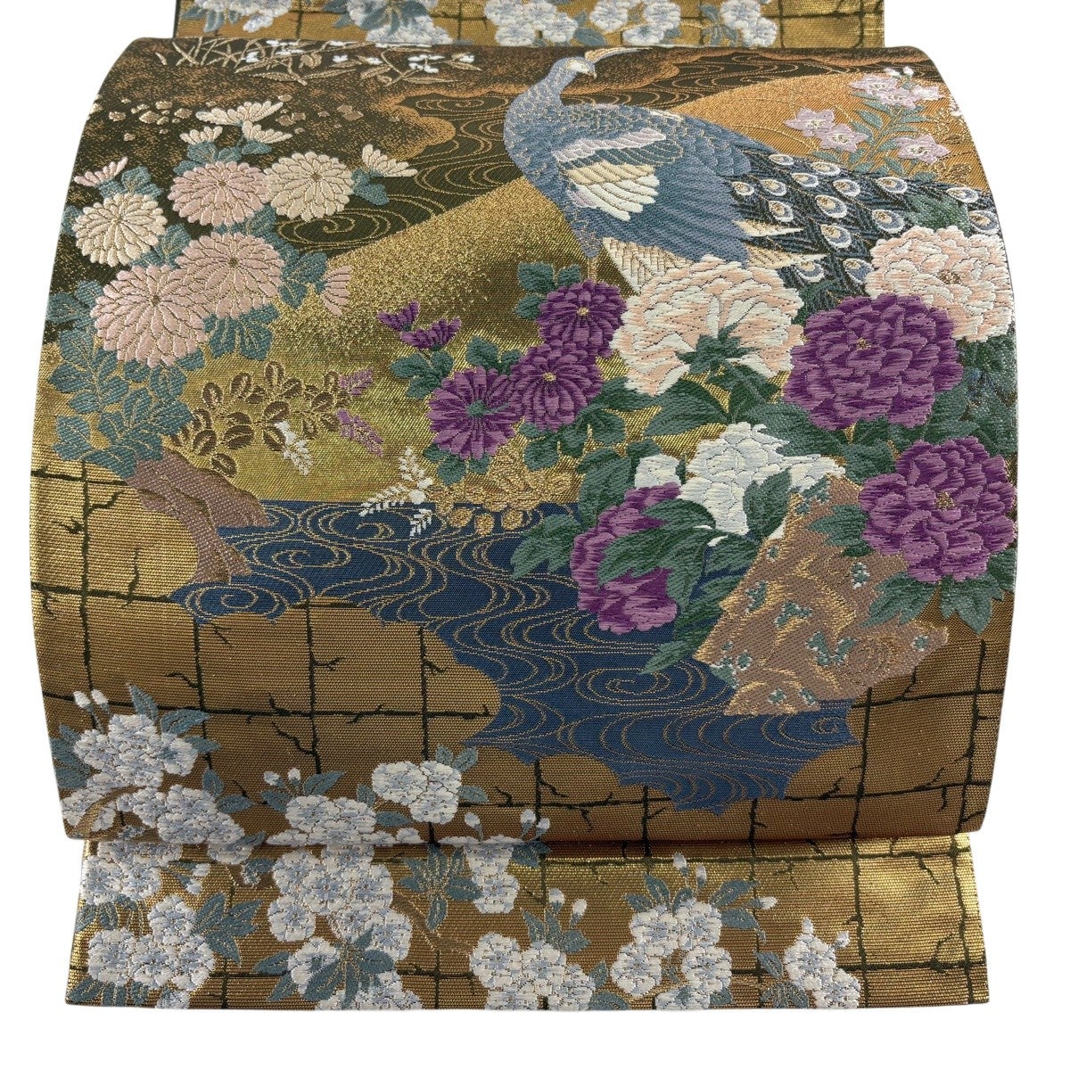 美品】 袋帯 逸品 じゅらく 落款あり 帝王紫 孔雀 草花 箔 金糸 金色