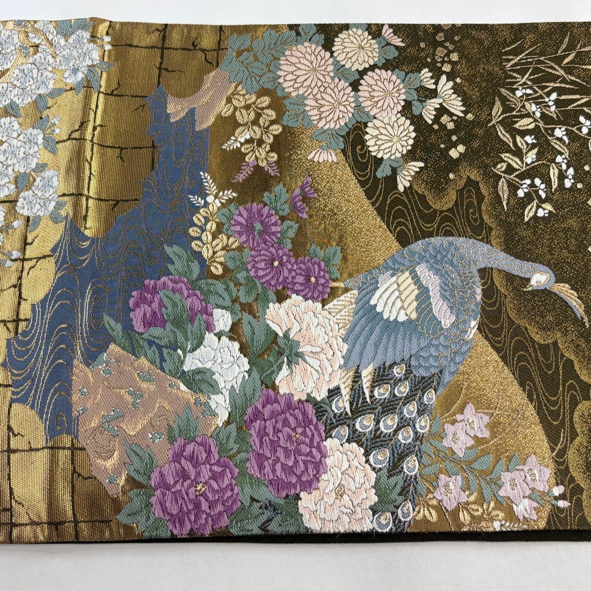 美品】 袋帯 逸品 じゅらく 落款あり 帝王紫 孔雀 草花 箔 金糸 金色