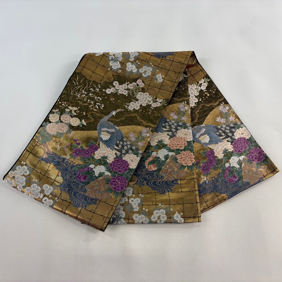 美品】 袋帯 逸品 じゅらく 落款あり 帝王紫 孔雀 草花 箔 金糸 金色