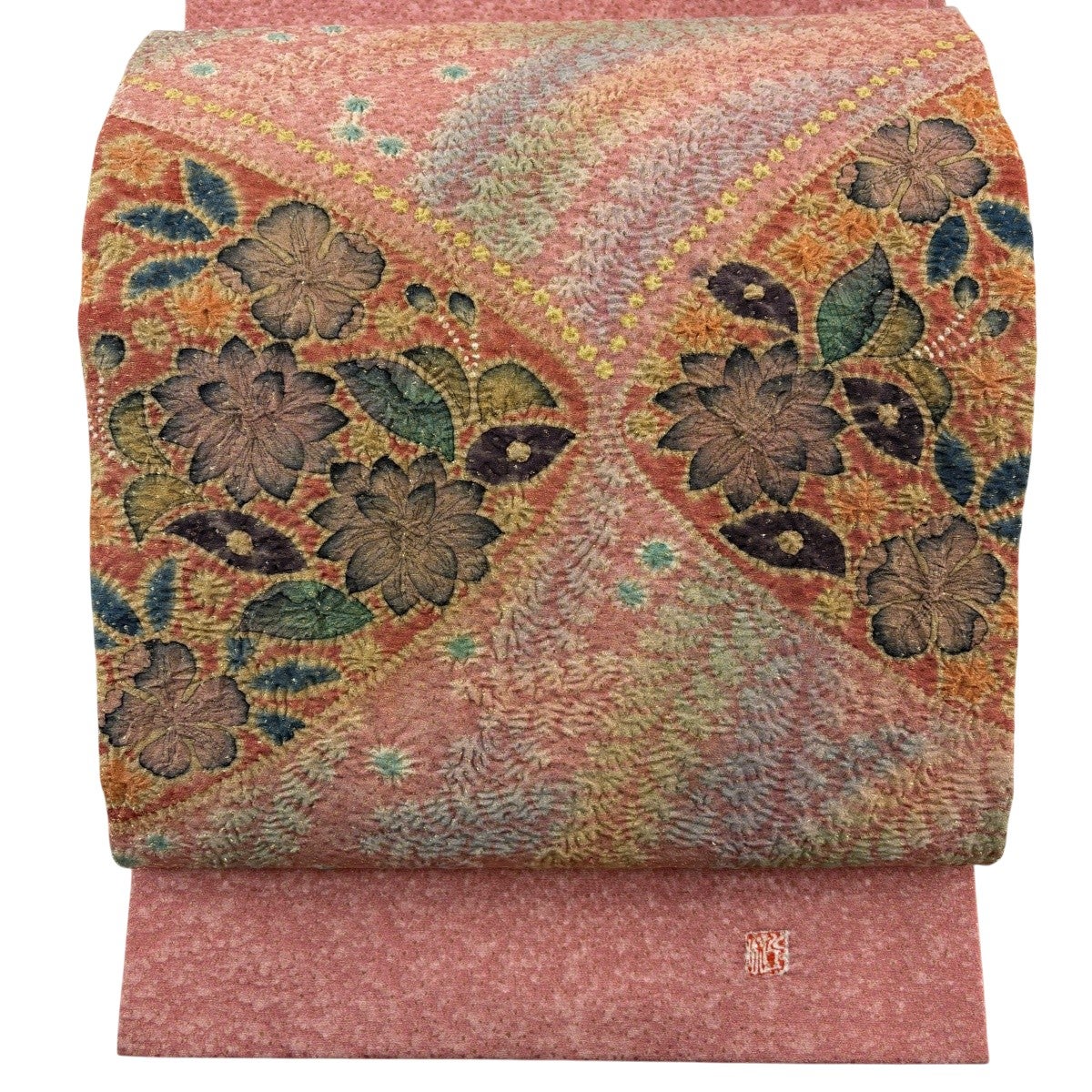 6082◆アンティーク名古屋帯生成り淡い藍染絞染蜂露草手刺繍逸品コレクション 開き名古屋帯 逸品 落款あり 水野保 草花 金糸 絞り ピンク 正絹｜中古