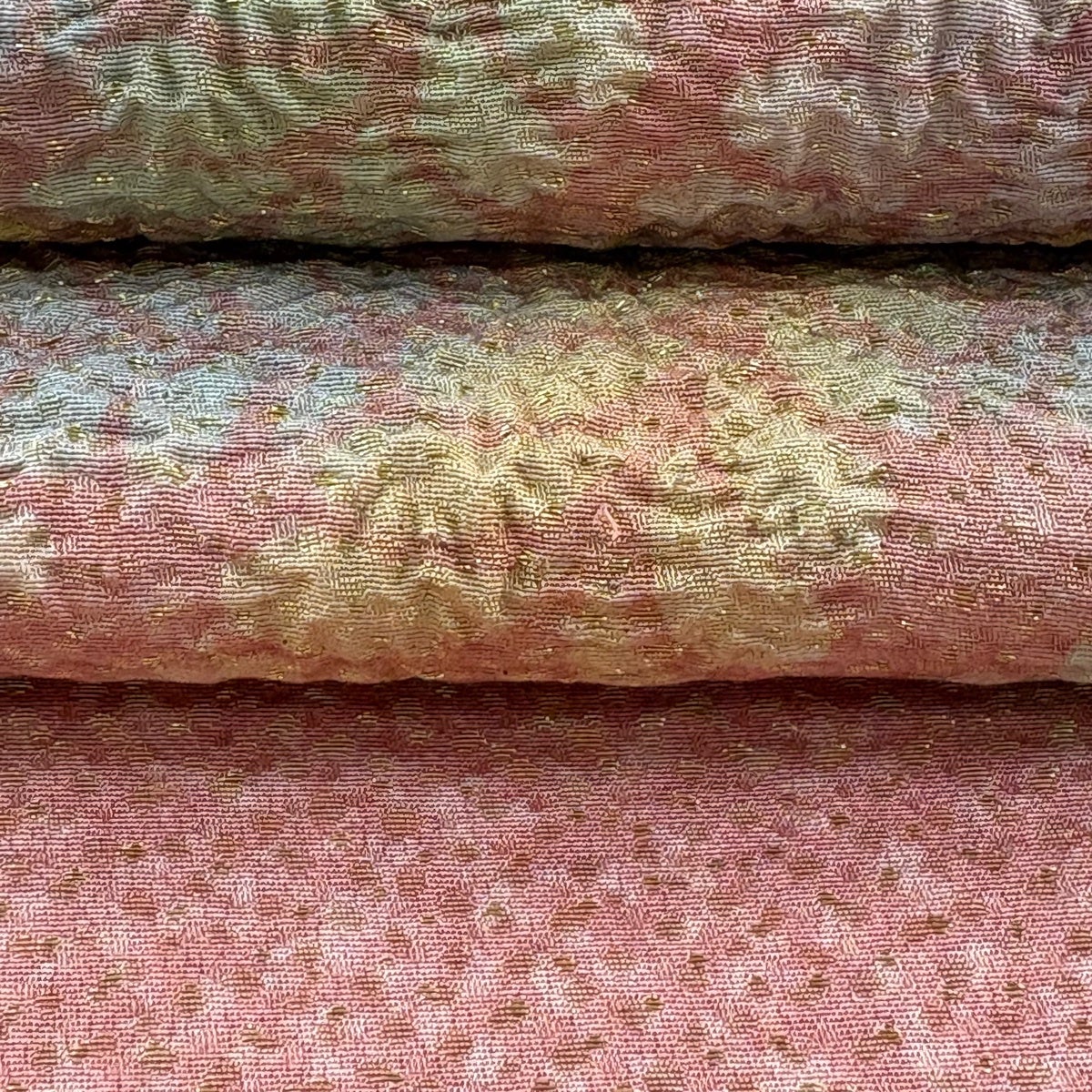 開き名古屋帯 逸品 落款あり 水野保 草花 金糸 絞り ピンク 正絹｜中古
