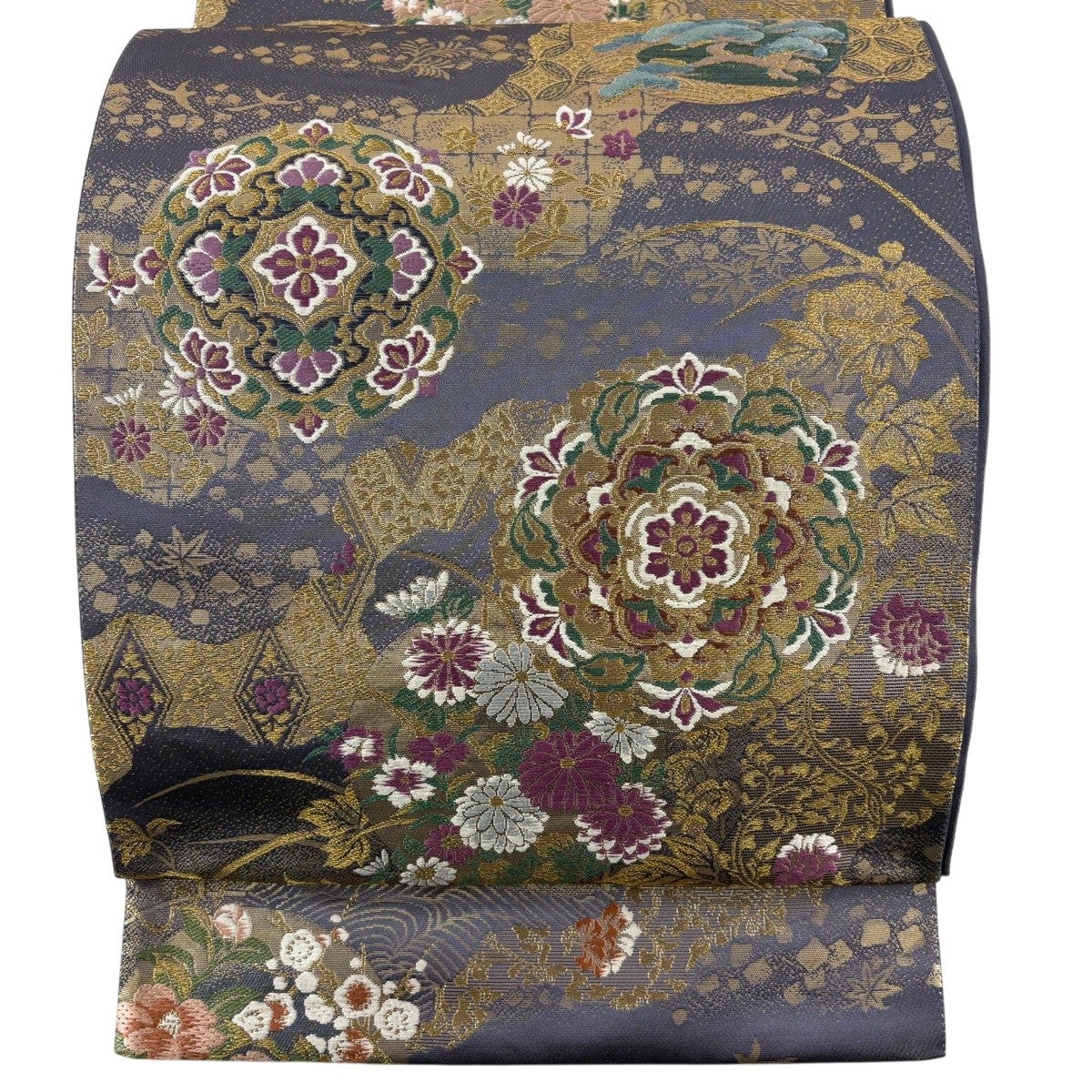 美品】 袋帯 逸品 じゅらく じゅらく帝王紫 草花 蜀江文 金糸 箔 灰紫
