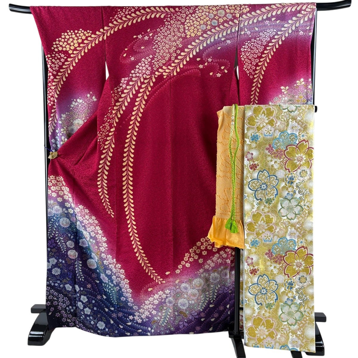 美品】 振袖 身丈171cm 裄丈68.5cm L 袷 袋帯フルセット 辻が花 金彩