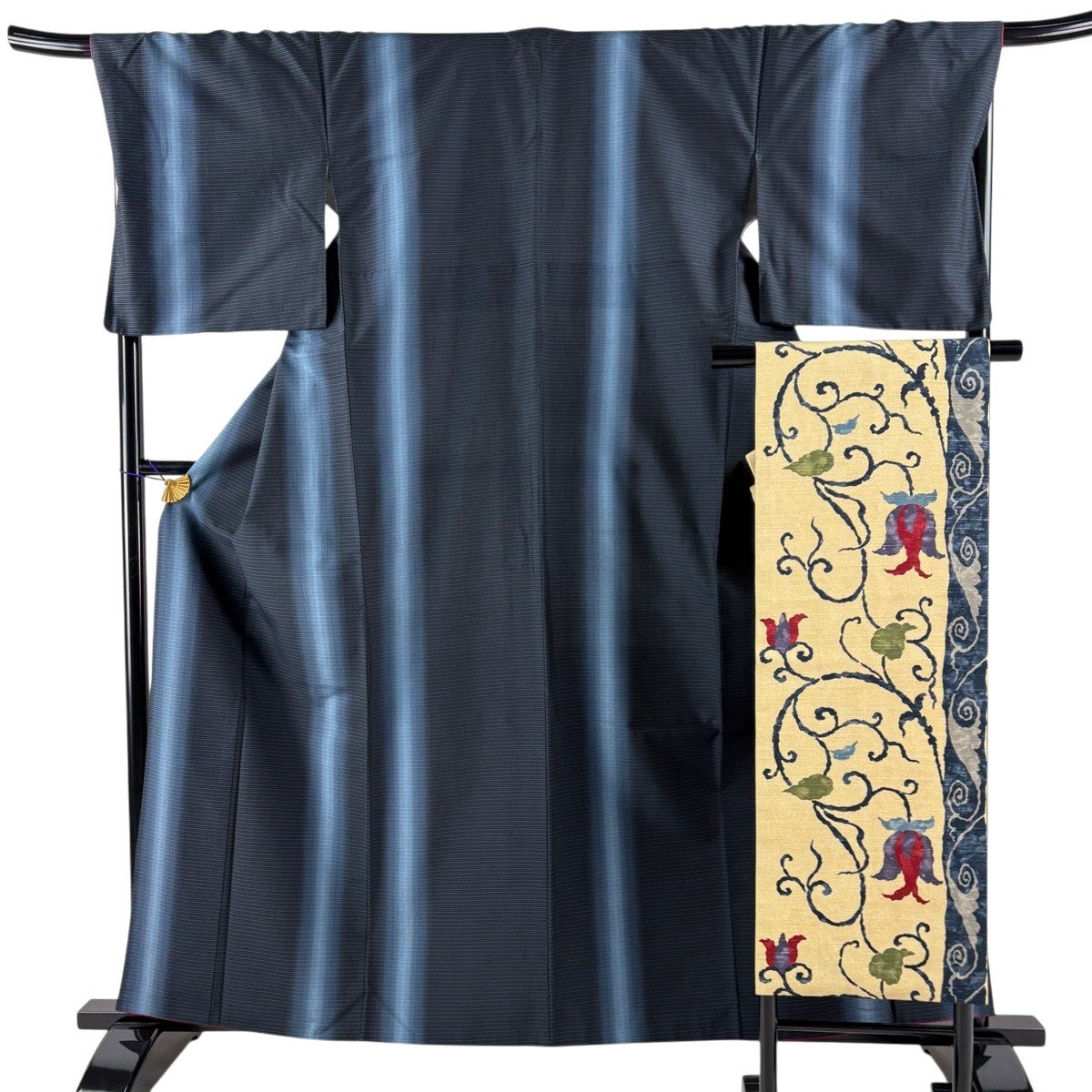 美品】 紬 身丈160.5cm 裄丈69cm L 袷 名古屋帯セット 縞 紺色 正絹 秀