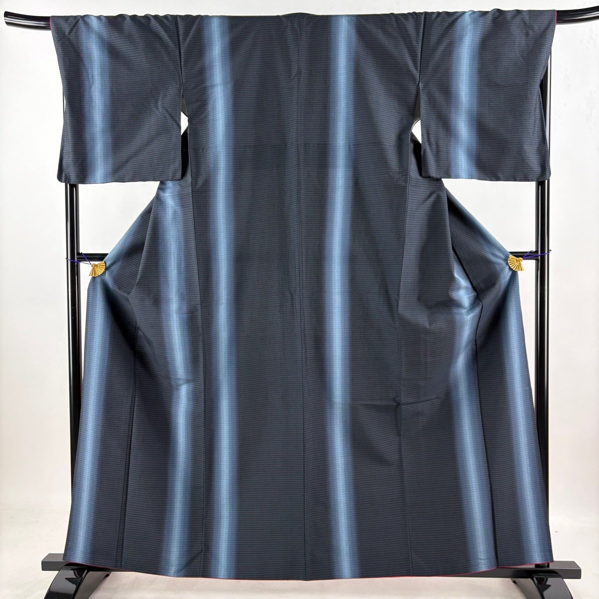 美品】 紬 身丈160.5cm 裄丈69cm L 袷 名古屋帯セット 縞 紺色 正絹 秀