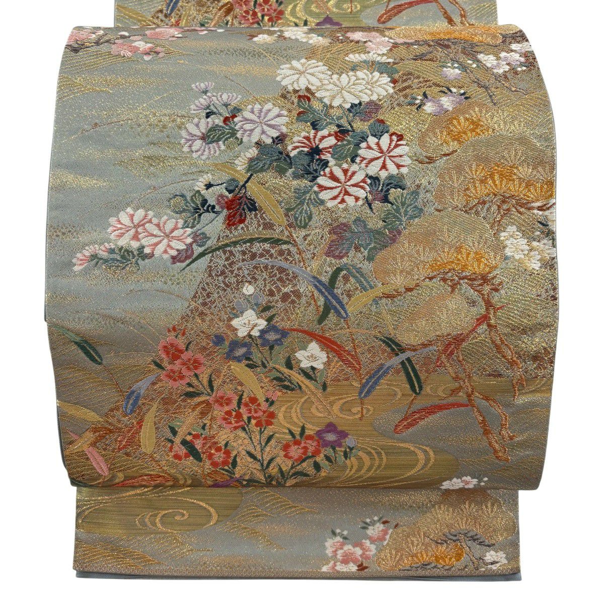 美品】 袋帯 秀品 関西仕立て 日本の美 笠松 草花 金糸 箔 灰緑 六通