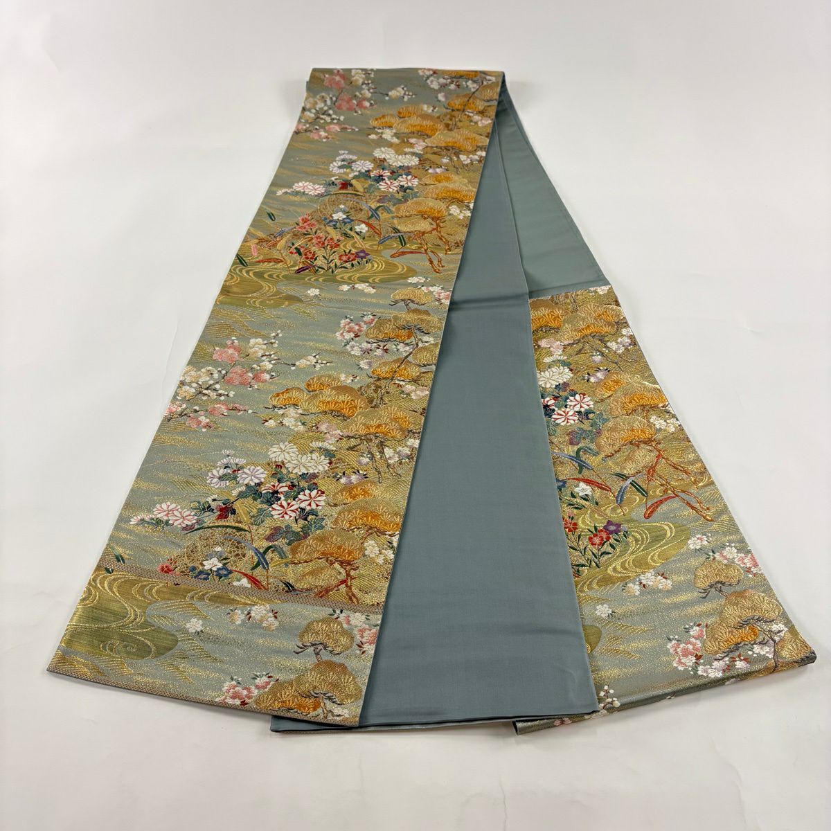 50%OFF 【美品】 袋帯 秀品 関西仕立て 日本の美 笠松 草花 金糸 箔 灰