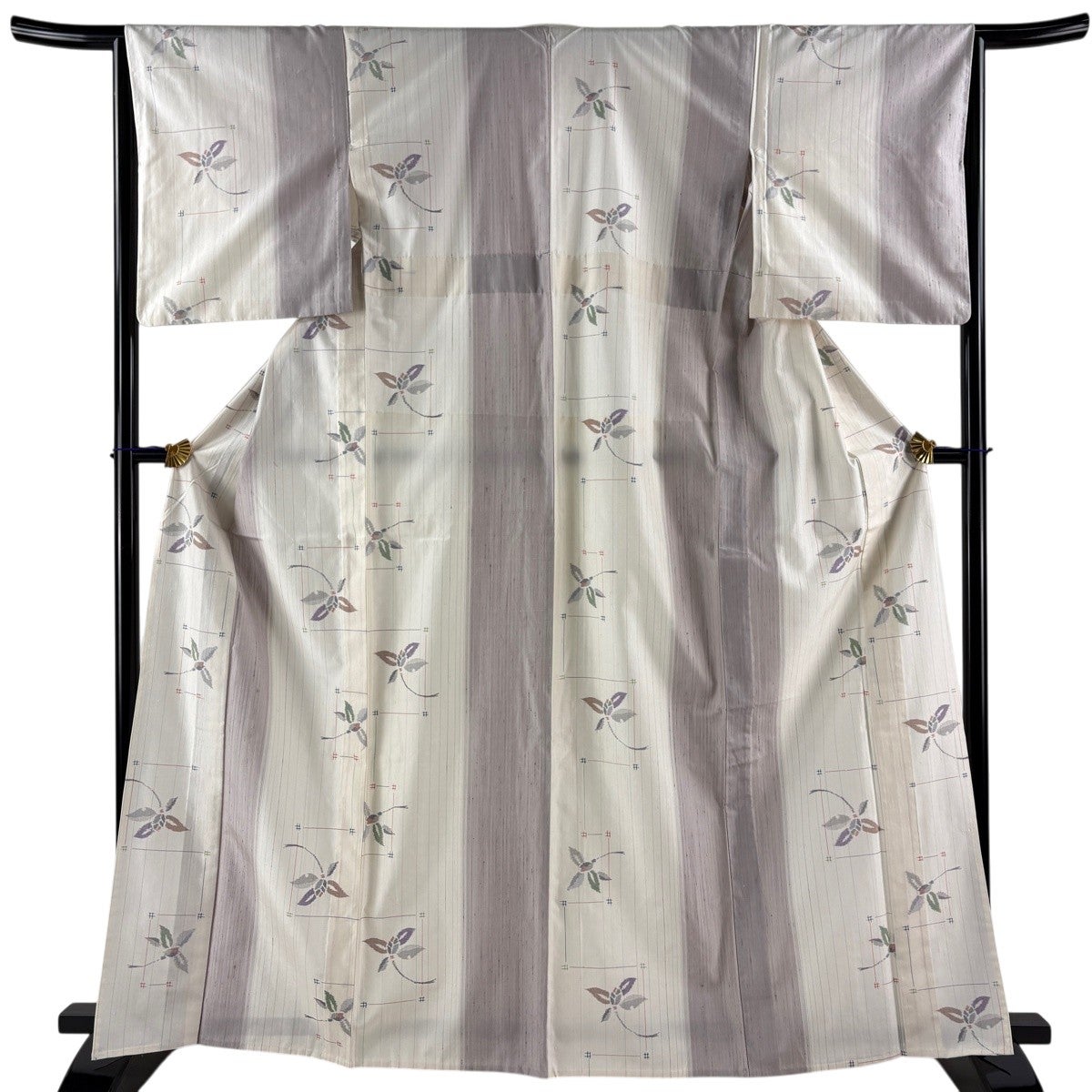 美品】 紬 身丈165.5cm 裄丈64cm M 単衣 草花 縞 灰紫 正絹 秀品｜中古