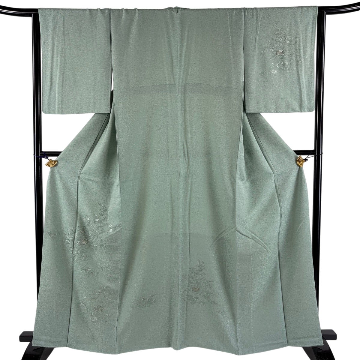 訪問着 身丈162cm 裄丈65.5cm M 袷 蝶 橘 金彩 薄緑 正絹 名品｜中古