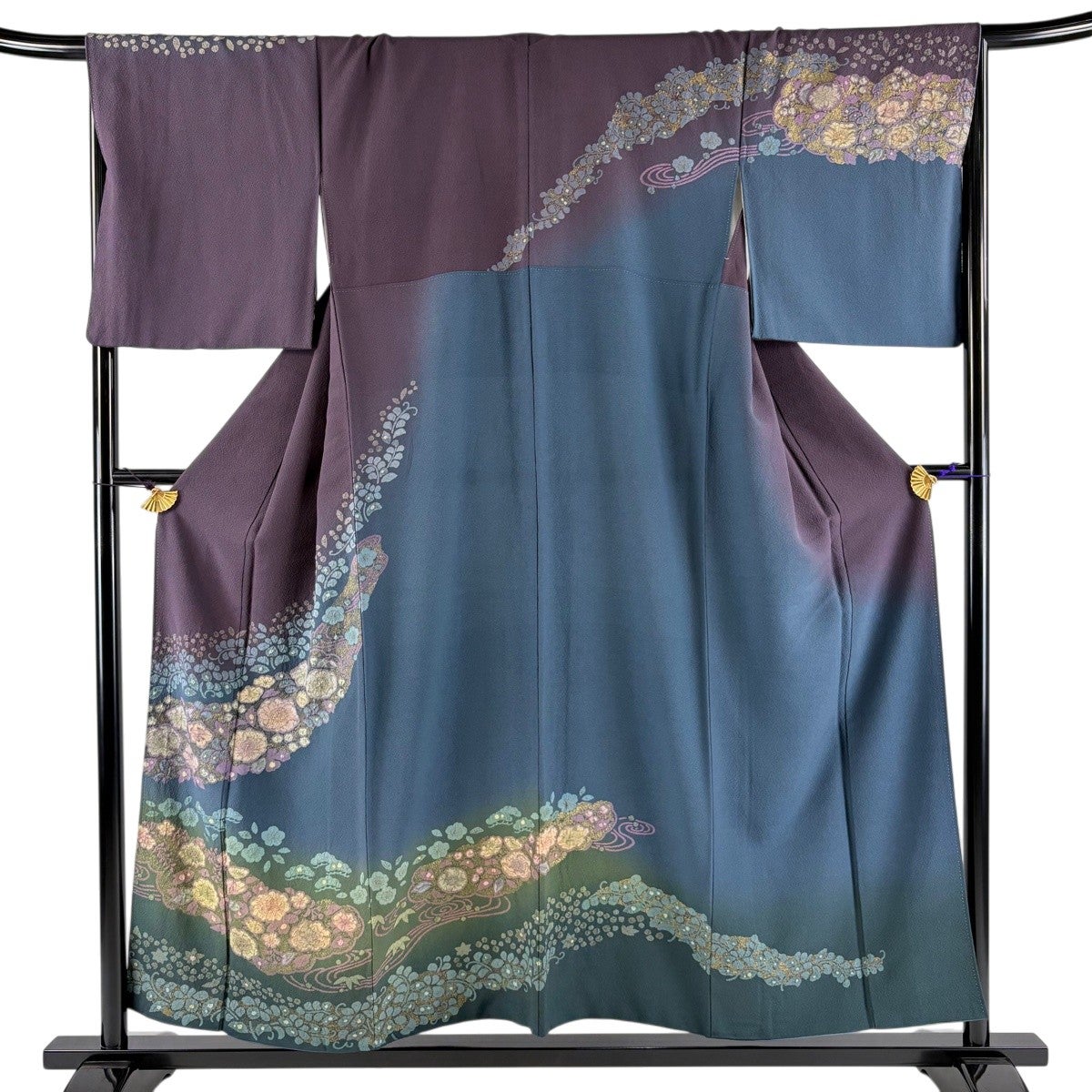 訪問着 身丈165cm 裄丈68.5cm L 袷 草花 幾何学 絞り 金彩 茶色 正絹