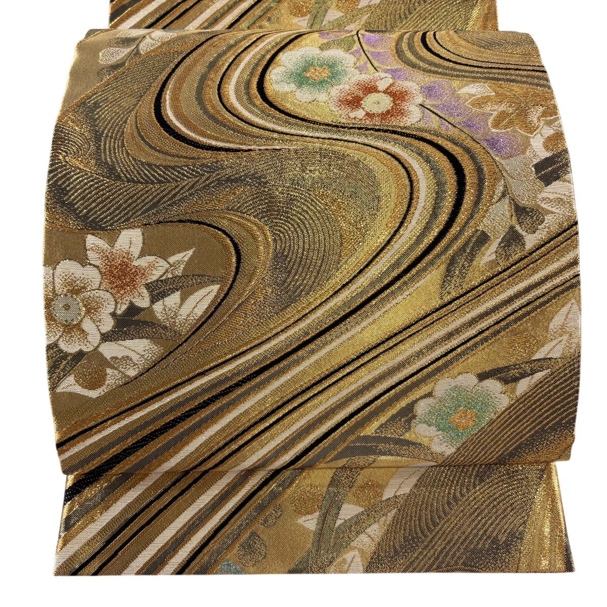 美品】 袋帯 逸品 洛陽織物 落款あり 亀甲花鳥更紗文 本金箔 金糸 茶色