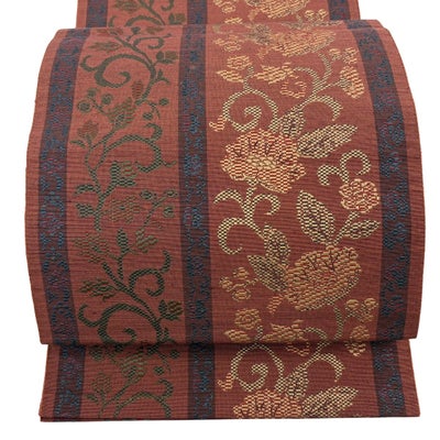 名古屋帯 秀品 八寸名古屋帯 花唐草 赤茶 正絹｜中古・古着 