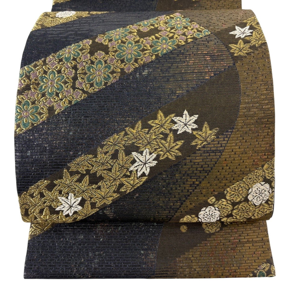 袋帯 秀品 紬地 丸文 草花 刺繍 紫 お太鼓柄 正絹｜中古・古着