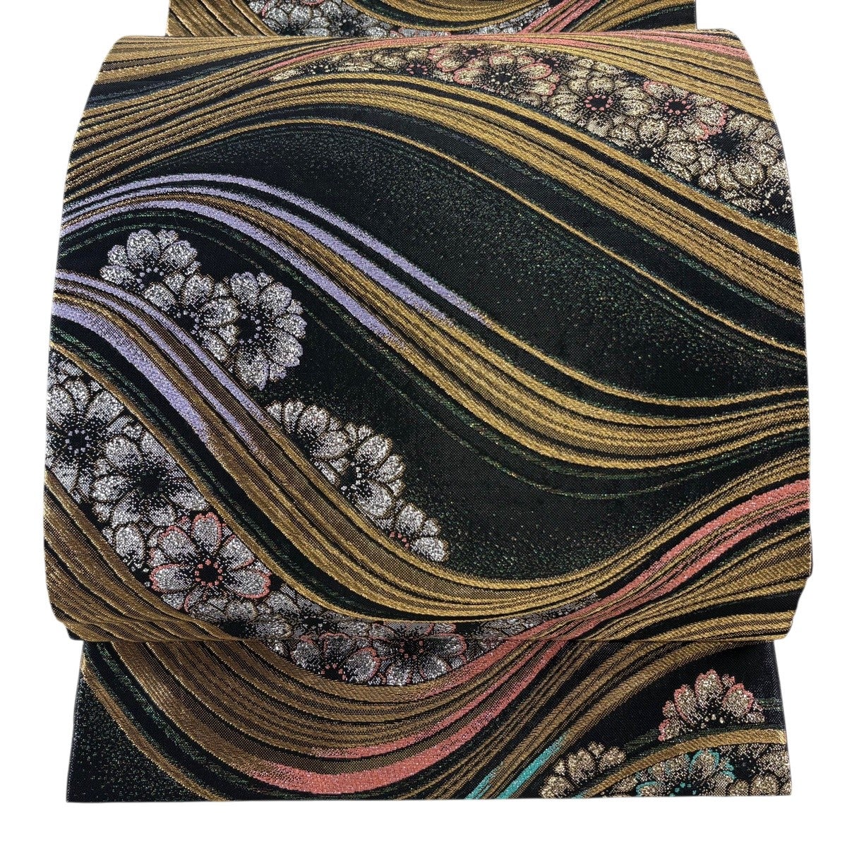 美品】 袋帯 秀品 花 流水 箔 金銀糸 黒 六通 正絹｜中古・古着