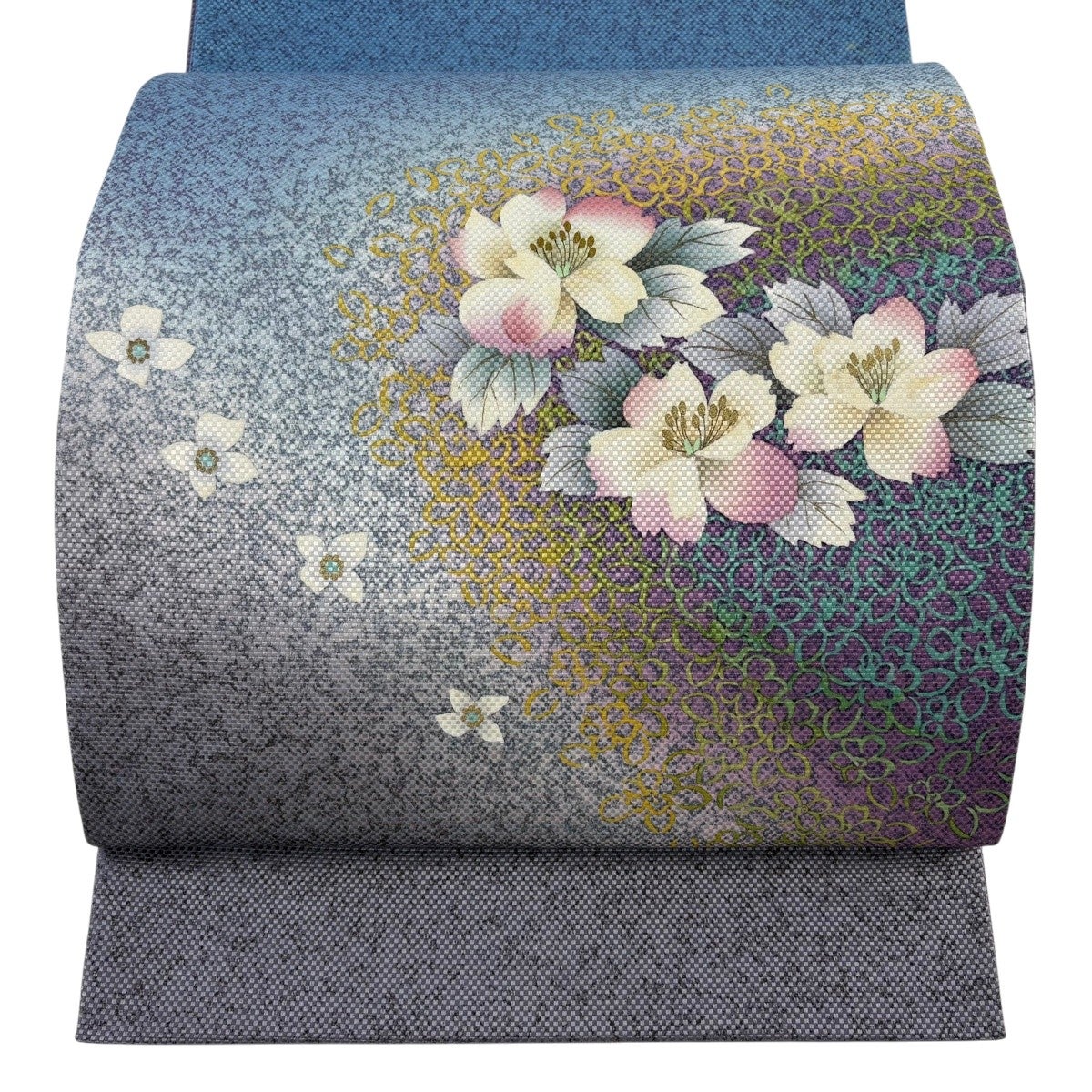 袋帯 秀品 花喰い鳥 草花 銀糸 金彩 薄紫 お太鼓柄 正絹｜中古・古着