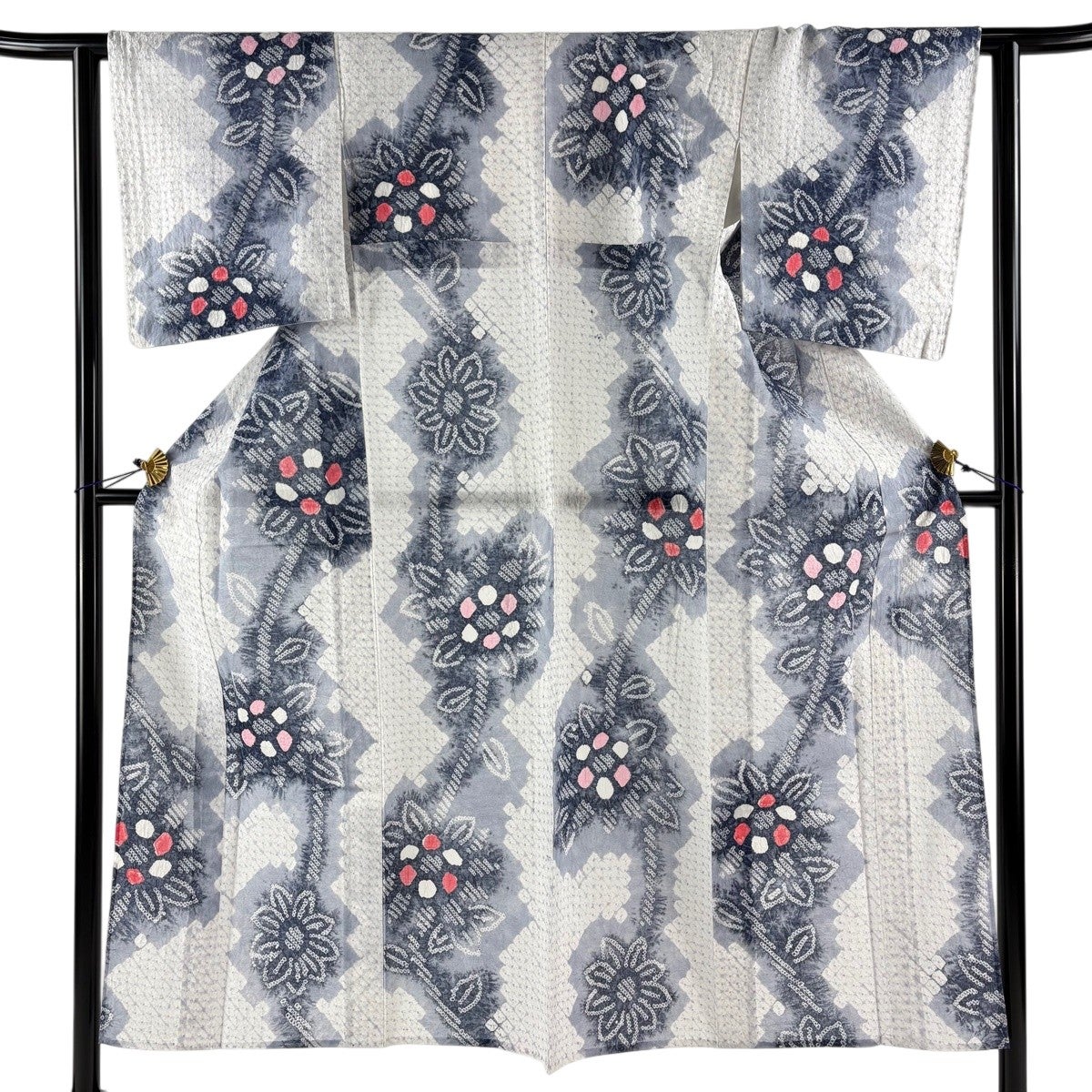 美品】 浴衣 身丈151cm 裄丈63cm S 絞り浴衣 草花 青 綿 名品｜中古