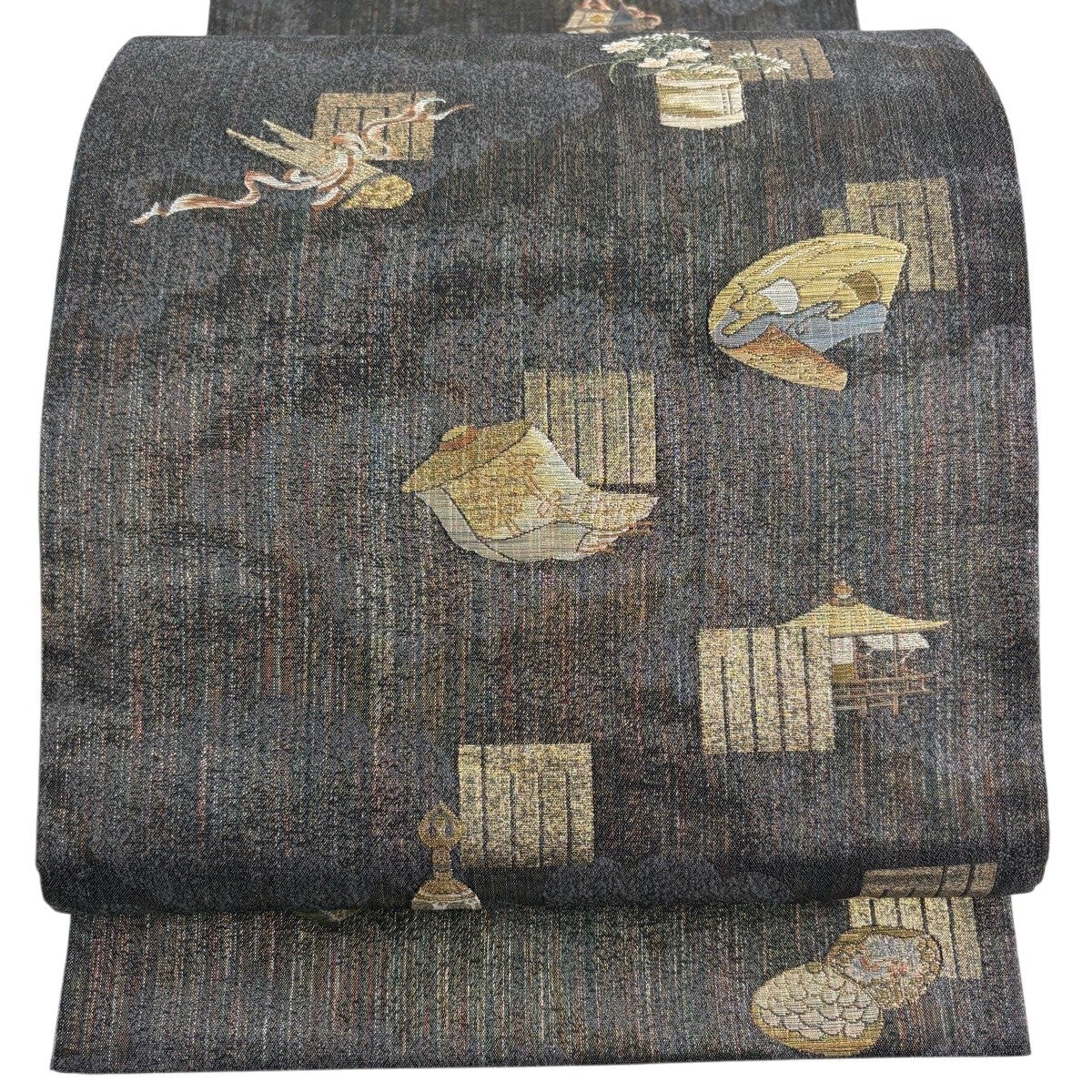 美品】 袋帯 名品 源氏物語絵巻大観 人物 本金箔 金糸 金色 六通 正絹
