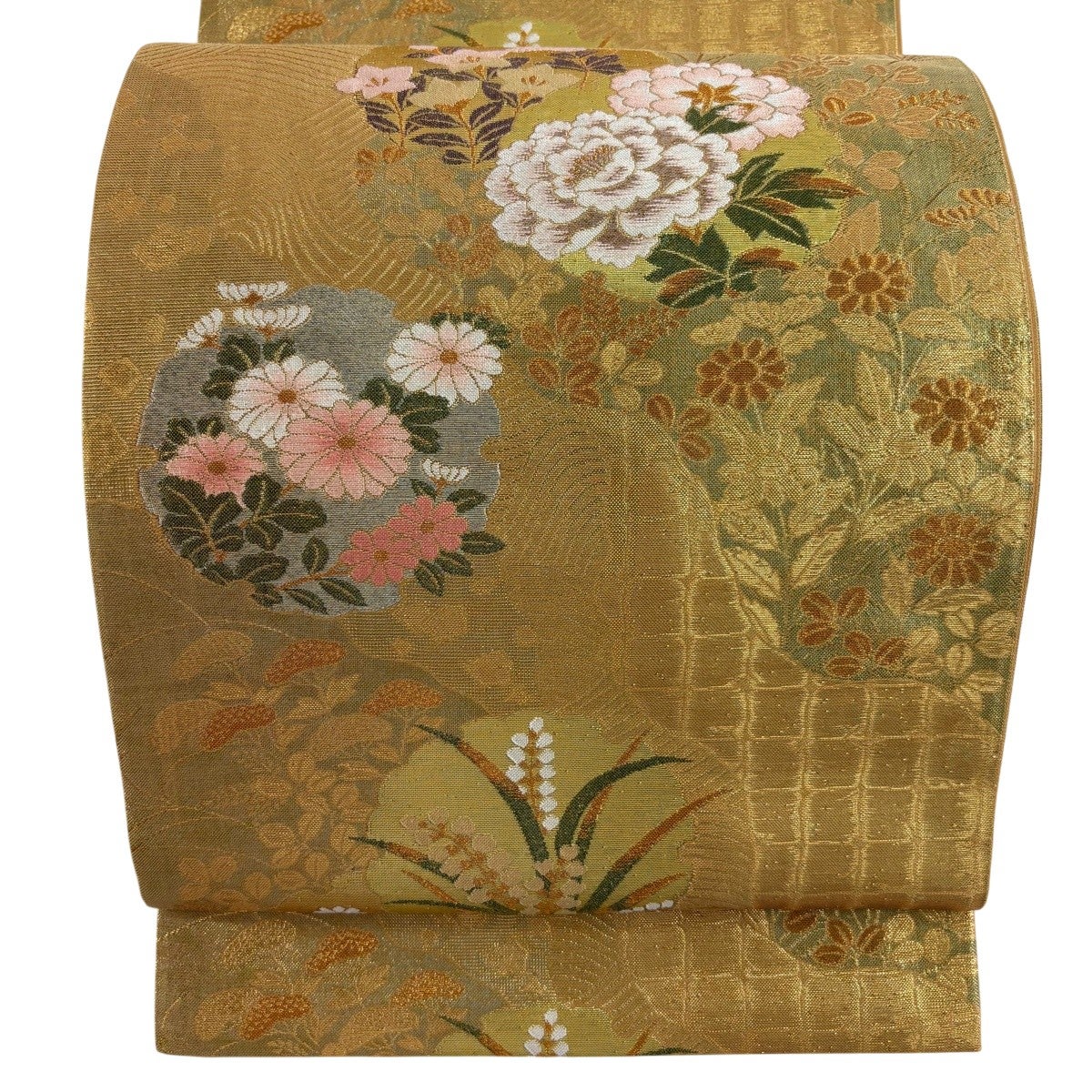 美品】 袋帯 秀品 雪輪 牡丹 金銀糸 箔 灰紫 六通 正絹｜中古・古着