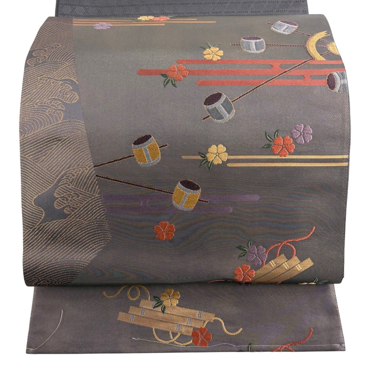 袋帯フルセット(7点)・極美品・ガード加工済・古典柄・深緑色・正絹・トールサイズ 袋帯 秀品 鏡裏文 鳳凰 金彩 螺鈿箔 灰緑 お太鼓柄 正絹｜中古・古着