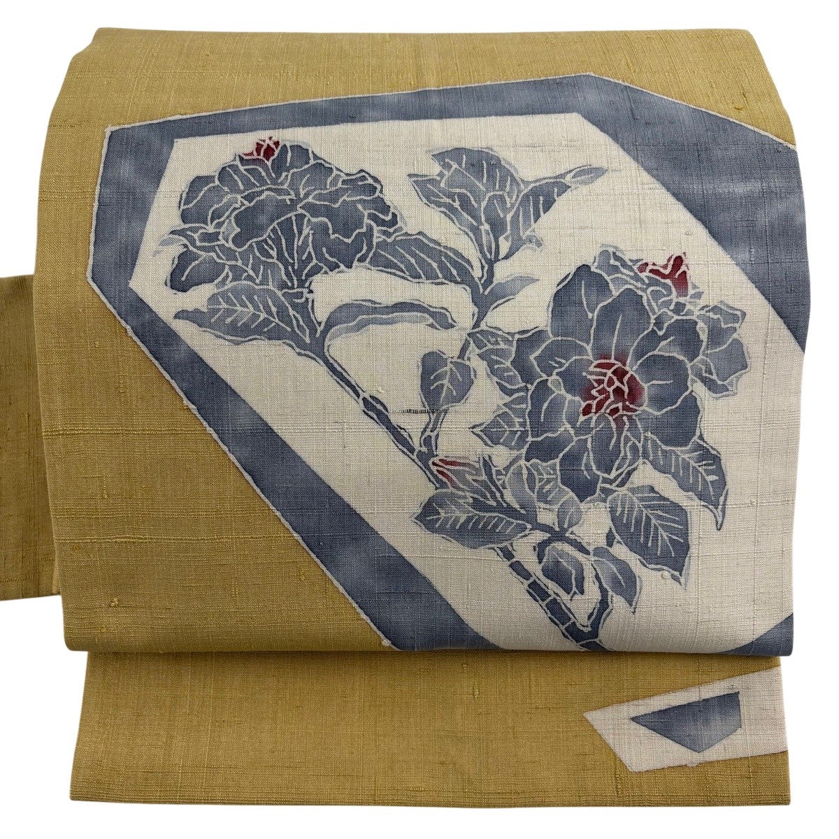 最終お値下げ！【極上品】希少！高級 紬　名古屋帯　亀と波☆ 作家物　 正絹　美品 名古屋帯 秀品 落款あり 紬地 枝花 幾何学模様 薄黄土色 正絹｜中古