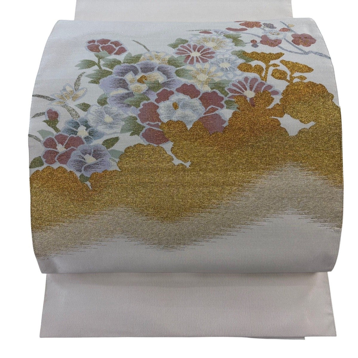 4-3 名古屋帯 八寸 美品 正絹 着物 松葉仕立て 紬 名古屋帯 秀品 松葉仕立て 八寸名古屋帯 紬地 牡丹 菊 金銀糸 クリーム