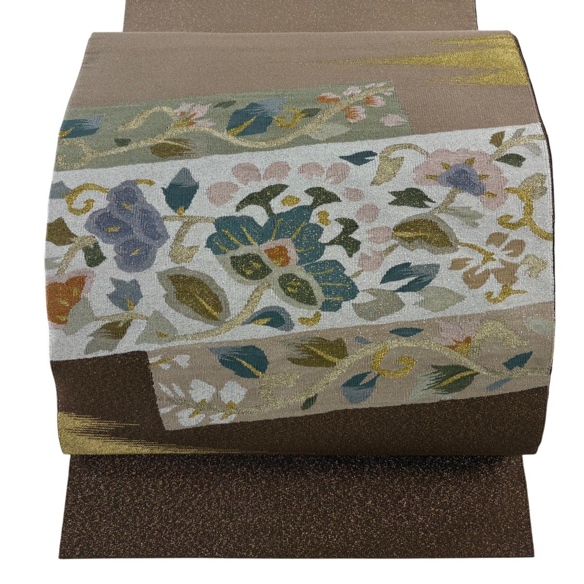 美品】 名古屋帯 秀品 松葉仕立て 八寸名古屋帯 花唐草 霞 金銀糸 茶色