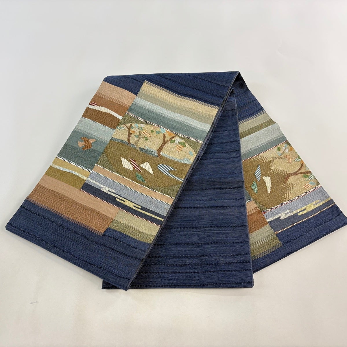 美品】 袋帯 秀品 鳥 枝花 金銀糸 青灰色 お太鼓柄 正絹｜中古・古着